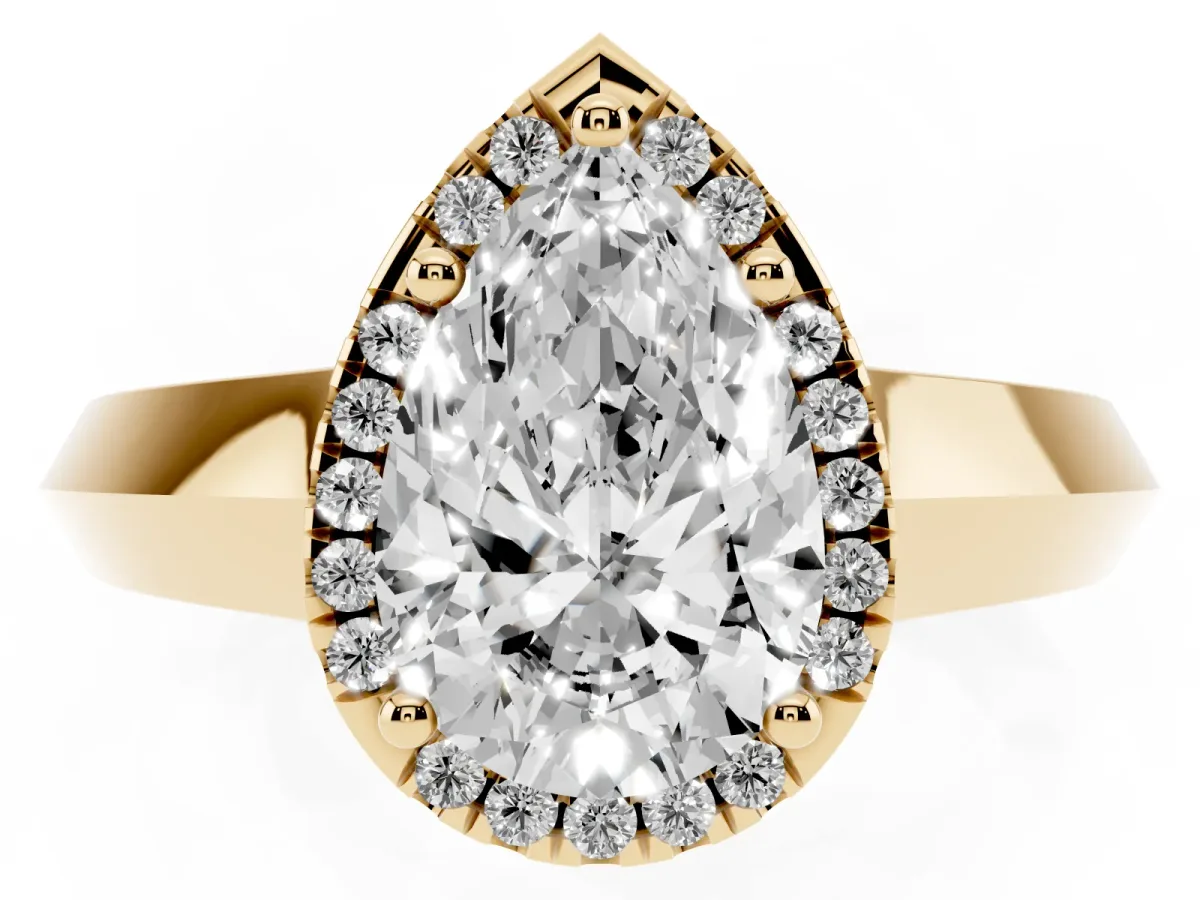 Pear Cut Halo Diamond Ring with Cathedral Band and Four-Prong Setting Yellow gold