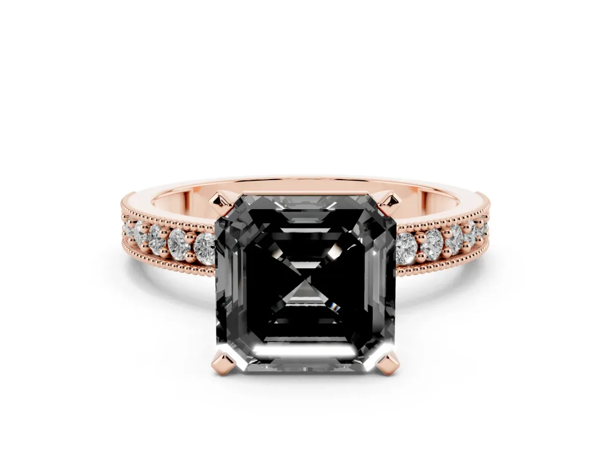 Fancy Black Asscher Cut Diamond Milgrain Pavé Engagement Ring with Four-Prong Setting Rose gold