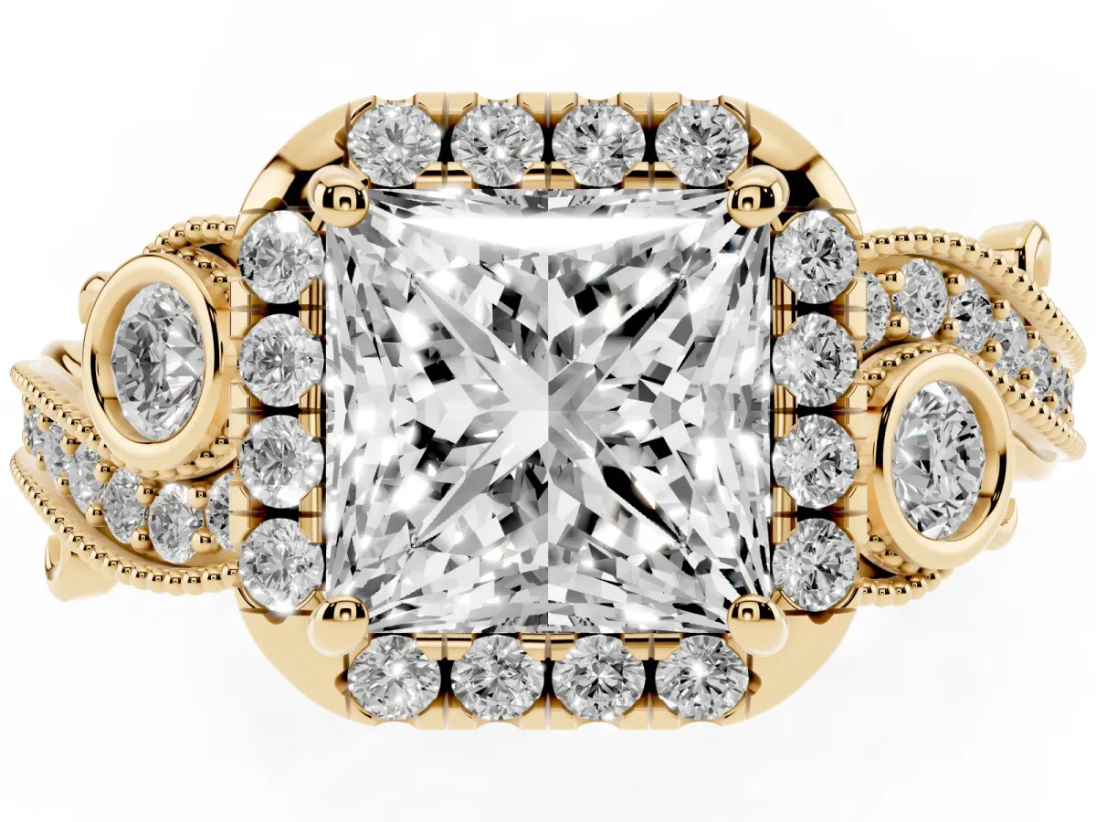 Princess Cut Diamond Halo Ring with Milgrain Pavé Band and Four-Prong Setting Yellow gold