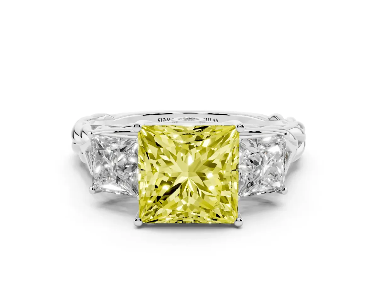 Fancy Yellow Three-Stone Princess Cut Diamond Braided Band Ring with Four-Prong Setting Silver