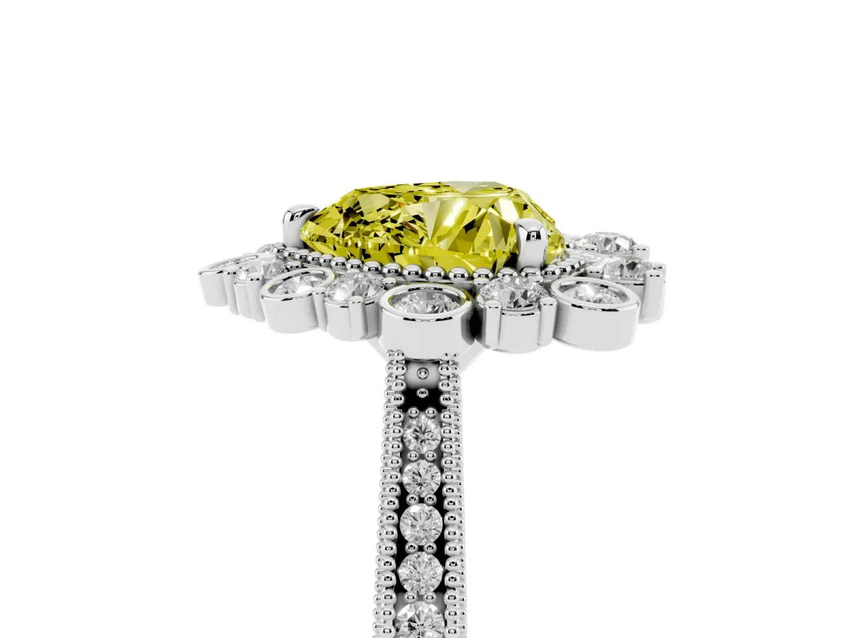Fancy Yellow Heart Cut Halo Milgrain Pave Diamond Ring with Four-Prong Setting Silver