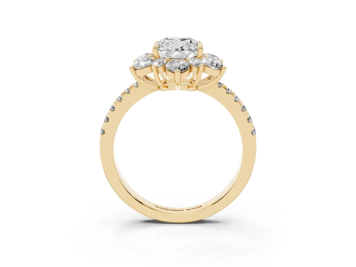 Cushion Cut Diamond Floral Halo Ring with Round Pavé Band and Prong Setting Yellow gold