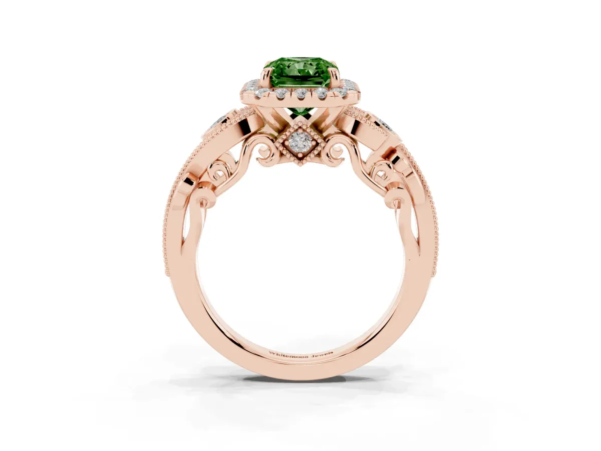 Fancy Green Radiant Cut Diamond Halo Ring with Milgrain Pavé Band and Four-Prong Setting Rose gold