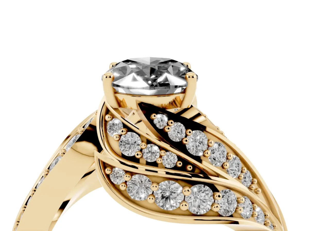 Fancy Black Oval Cut Diamond Solitaire Ring with Prong Setting and Twisted Pavé Band Yellow gold