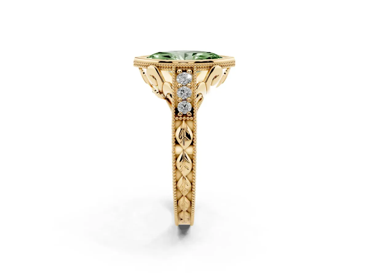 Fancy Green Bezel Set Marquise Cut Diamond Milgrain Pave Engagement Ring Yellow gold
