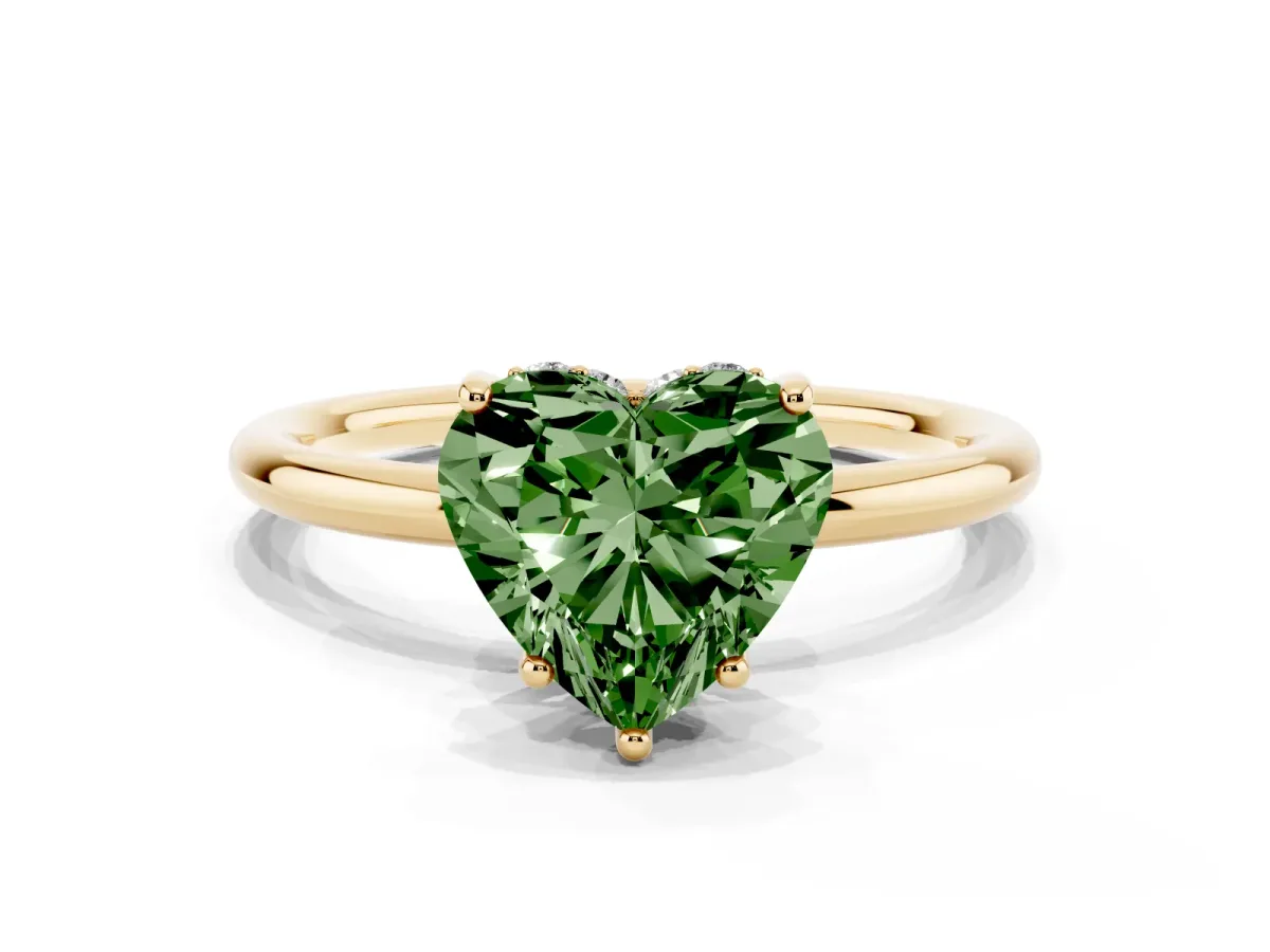 Fancy Green Heart Cut Solitaire Diamond Ring with a Classic Band and Four-Prong Setting Yellow gold