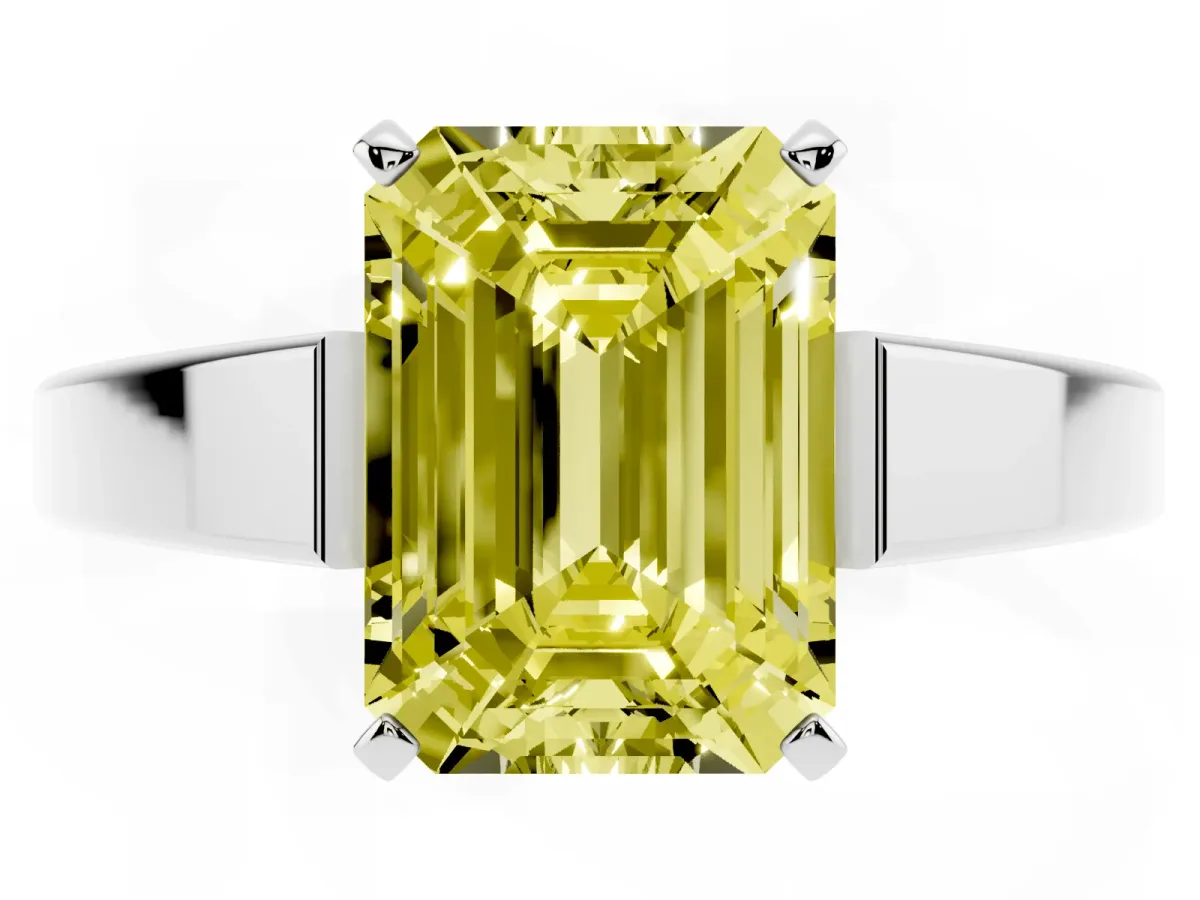 Fancy Yellow Emerald Cut Solitaire Engagement Ring with Four-Prong Setting and Tapered Band Silver