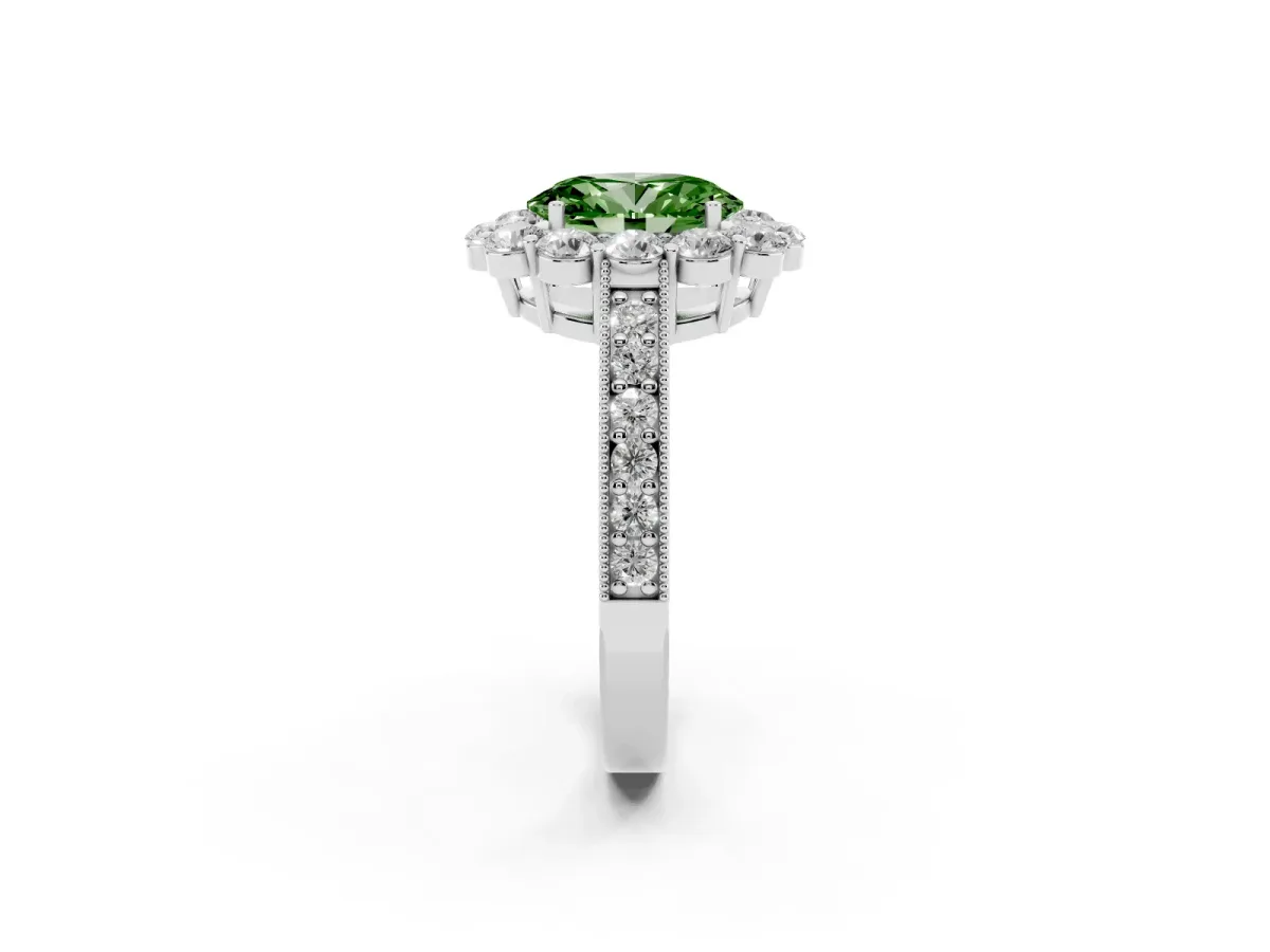 Fancy Green Oval Cut Cut Halo Diamond Pavé Engagement Ring with Milgrain Detailing Silver
