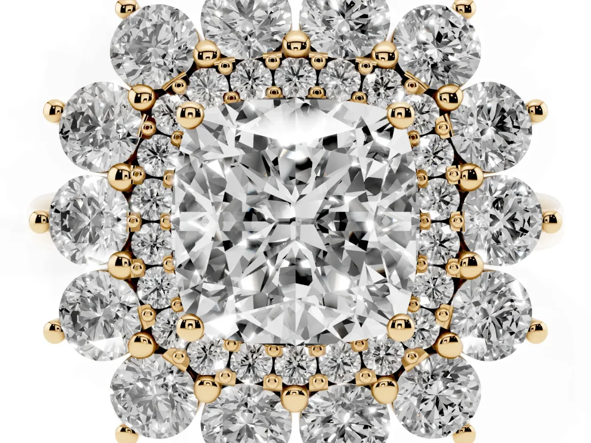 Cushion Cut Diamond Floral Double Halo Engagement Ring with Prong Setting Yellow gold