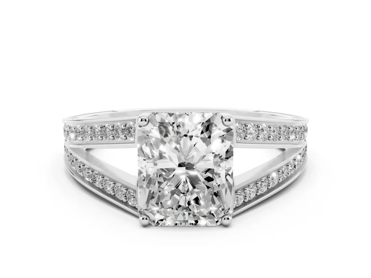 Radiant Cut Diamond Split Shank Ring with Pavé Band and Four-Prong Setting White gold