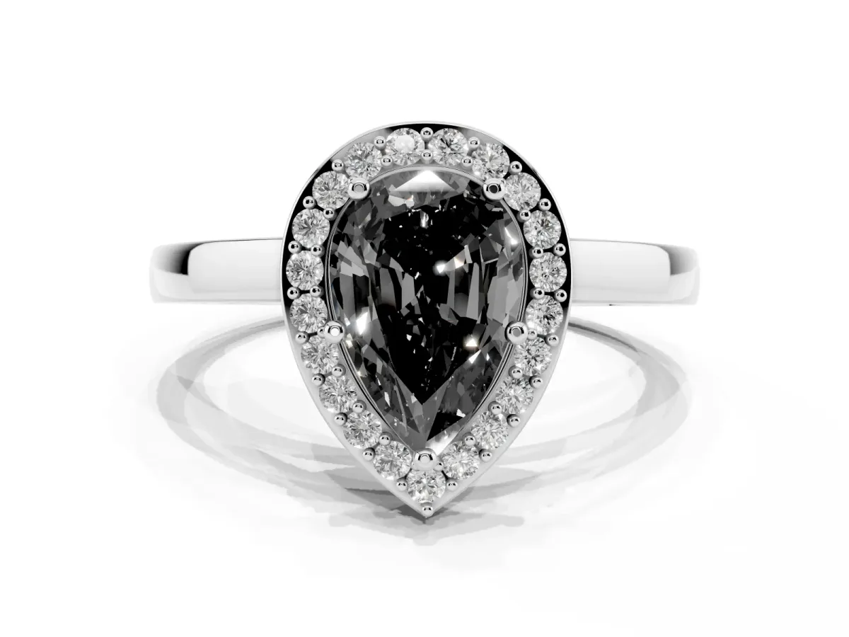 Fancy Black Pear Cut Halo Diamond Ring with Solitaire Band and Prong Setting Silver