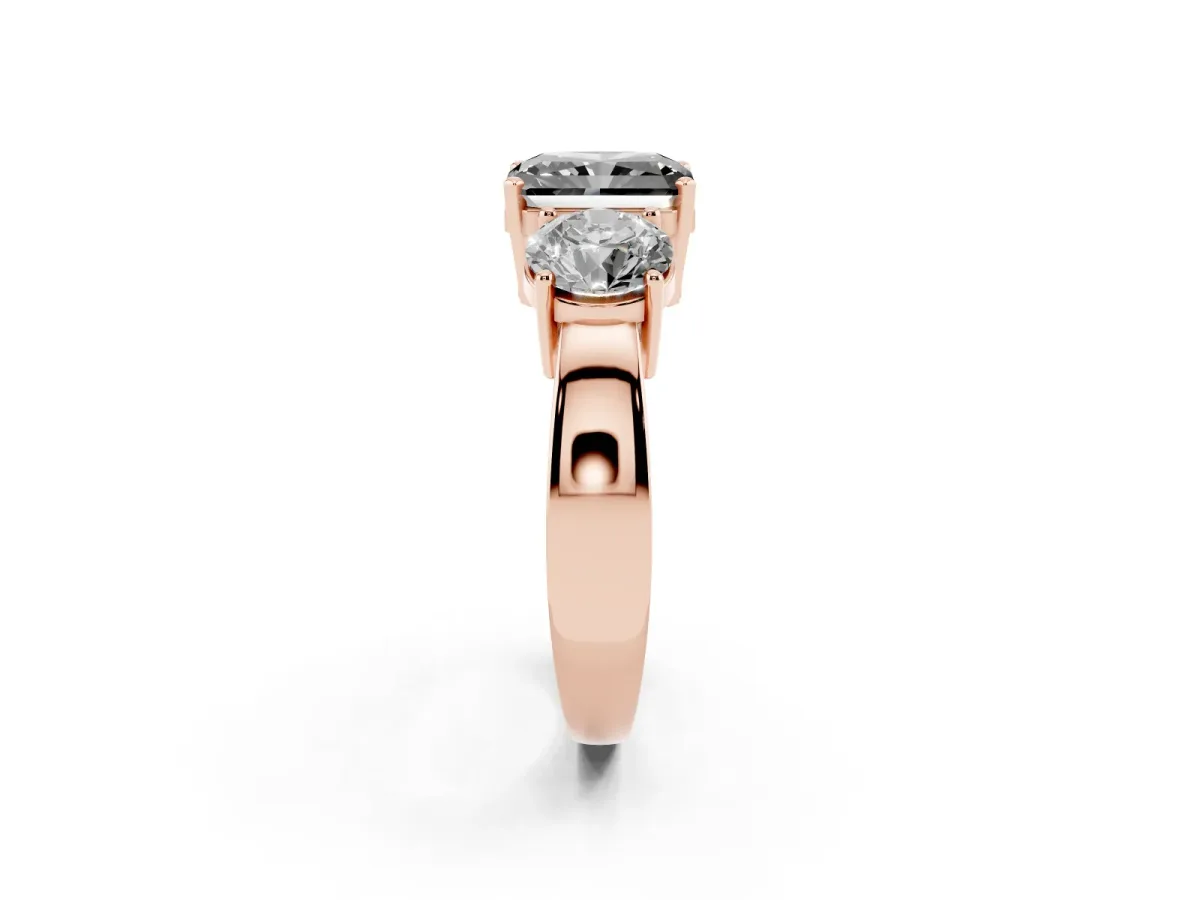 Fancy Black Three-Stone Radiant Cut Diamond Ring with Round Side Stones, Classic Band, and Four-Prong Setting Rose gold
