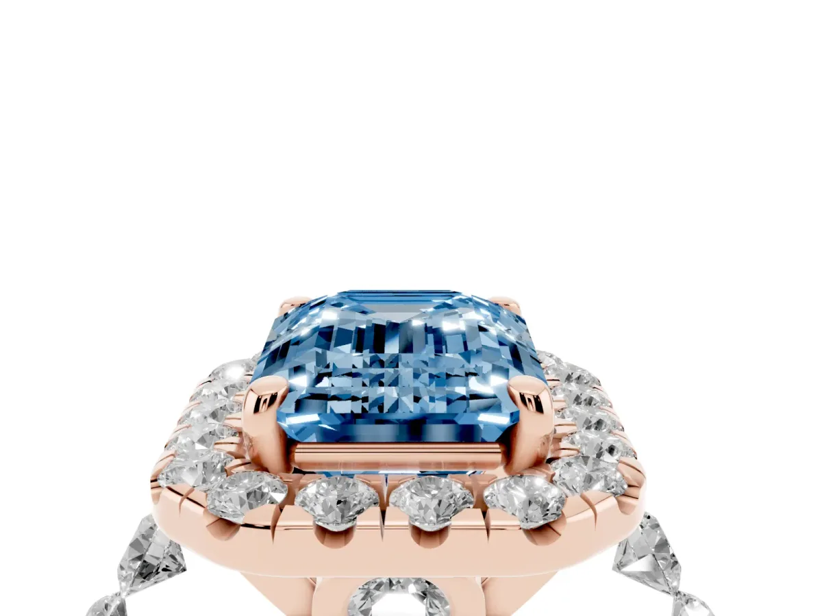Fancy Blue Emerald Cut Halo Pavé Diamond Engagement Ring with Four-Prong Setting Rose gold