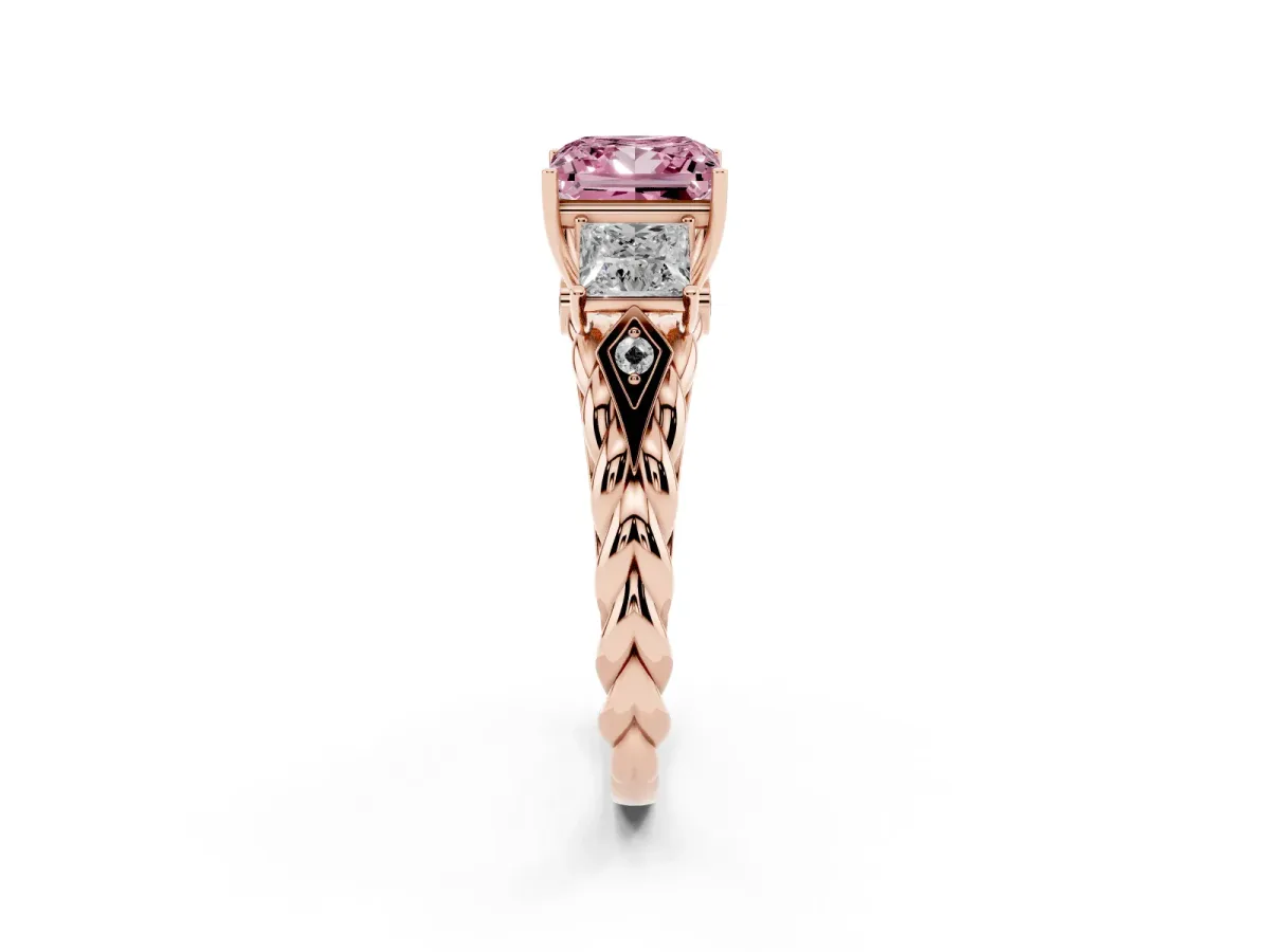 Fancy Pink Three-Stone Princess Cut Diamond Braided Band Ring with Four-Prong Setting Rose gold