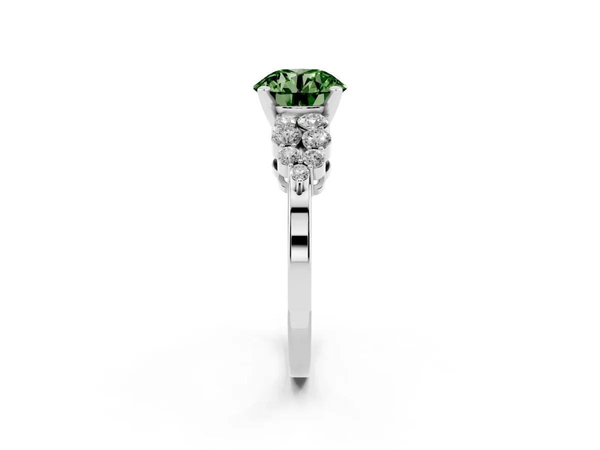 Fancy Green Round Cut Cluster Diamond Engagement Ring with Pavé Band and Four-Prong Setting Silver
