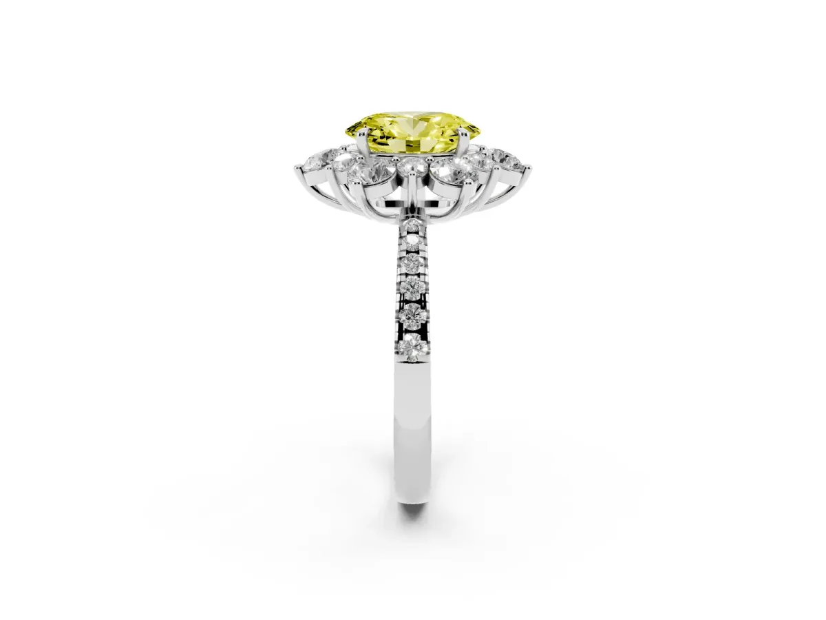 Fancy Yellow Oval Cut Diamond Floral Halo Ring with Round Pavé Band and Prong Setting Silver