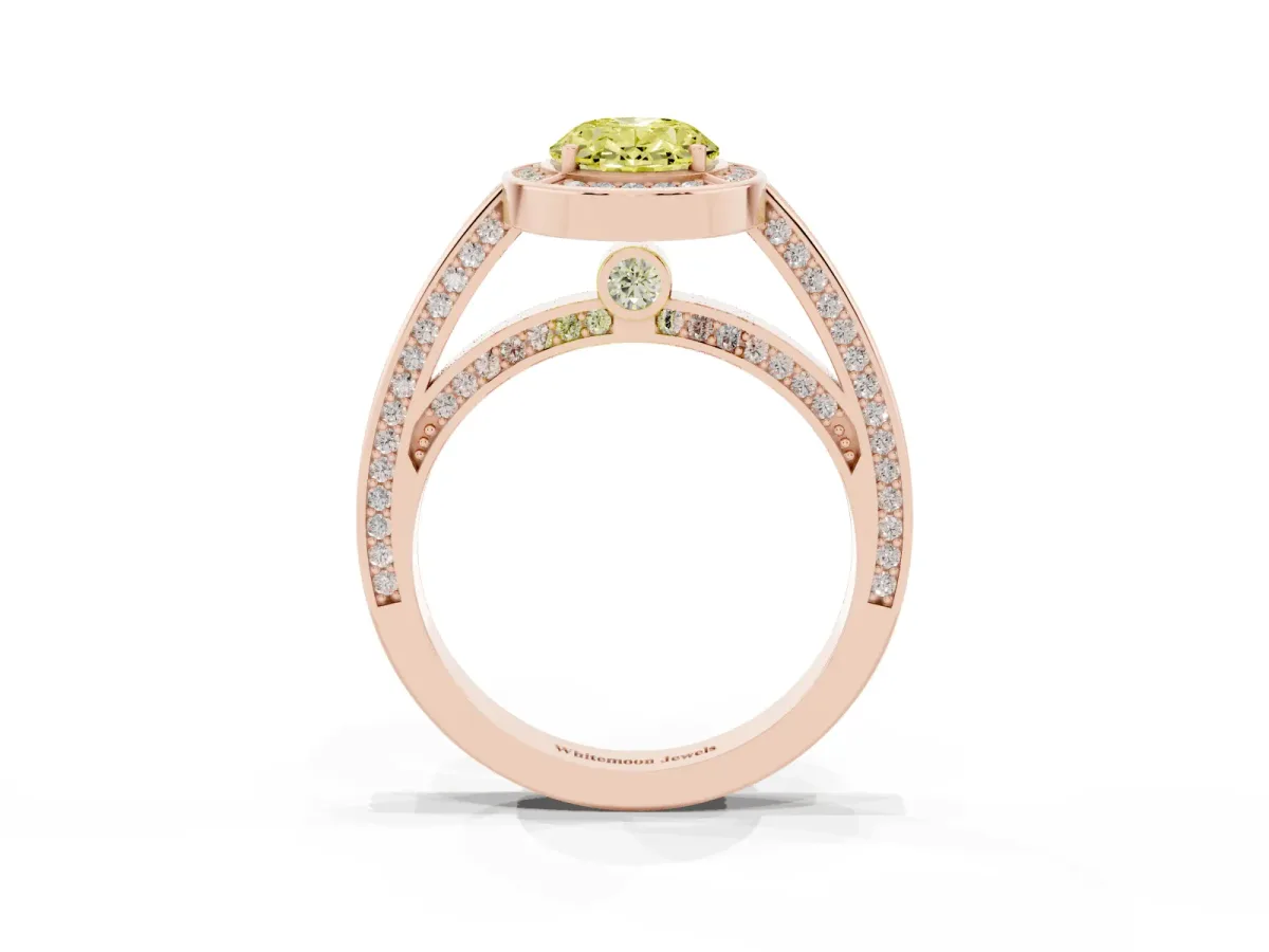 Fancy Yellow Oval Cut Cut Halo Pave Split Shank Prong Setting Ring Rose gold