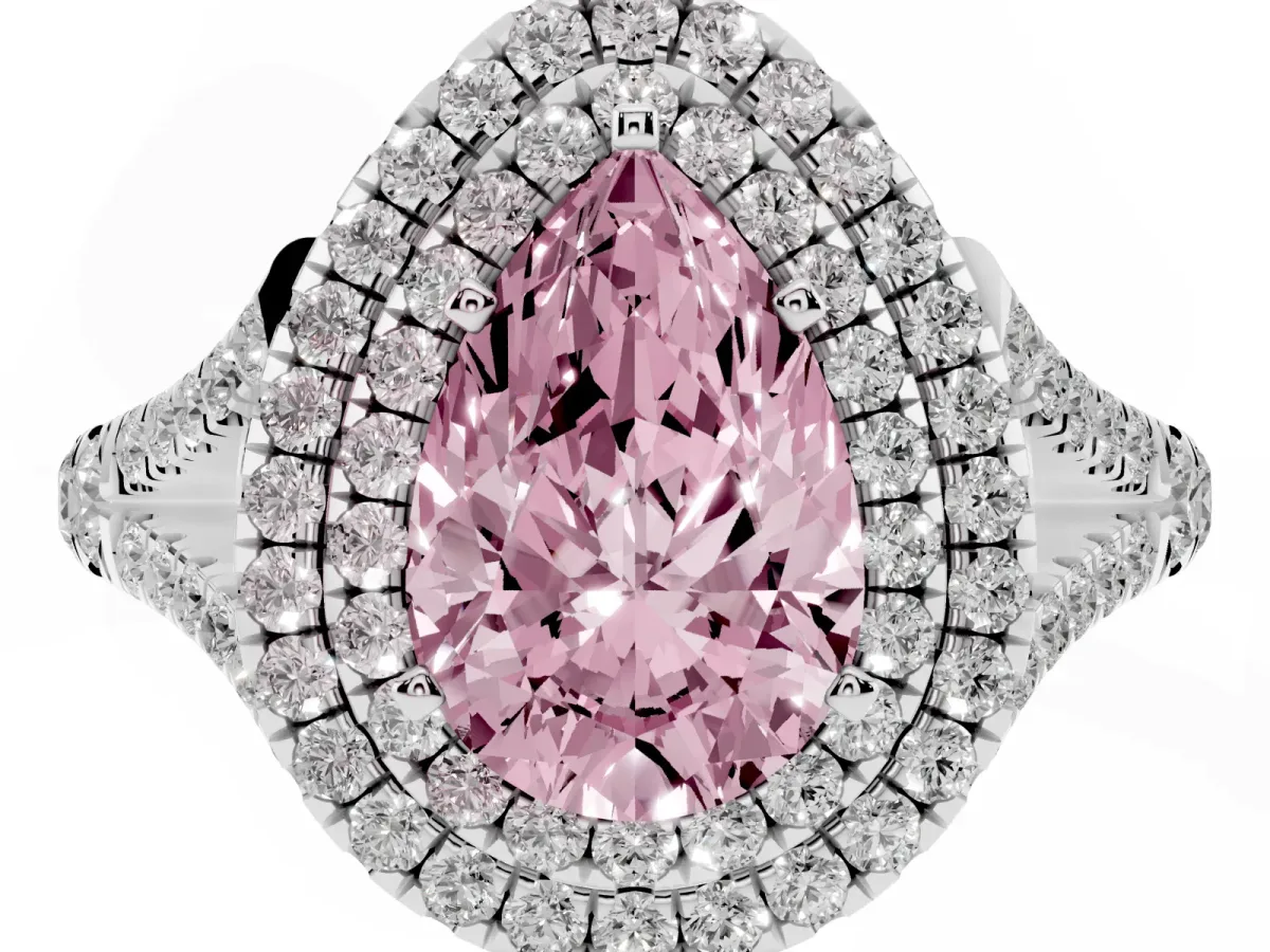 Fancy Pink Pear Cut Cut Double Halo Split Shank Diamond Ring with Prong Setting Silver
