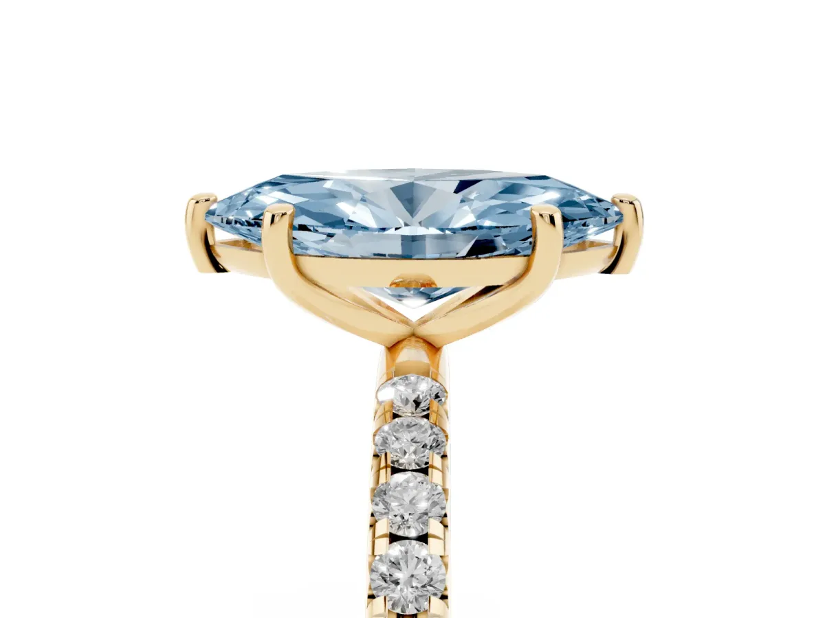 Fancy Blue Marquise Cut Cut Diamond Solitaire Ring with Micro Pave Band and Four Prong Setting Yellow gold