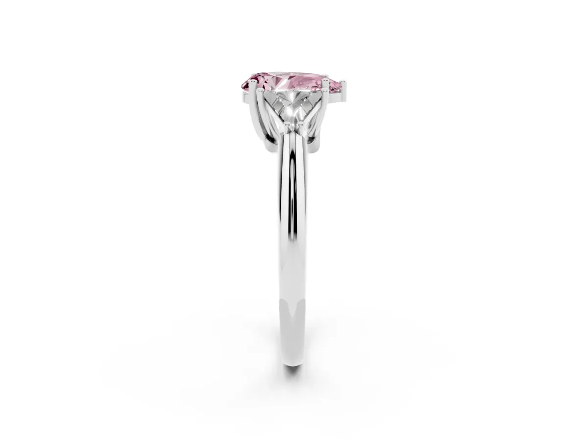 Fancy Pink Three-Stone Pear Cut Diamond Engagement Ring with Trillion Side Stones and Prong Setting Silver
