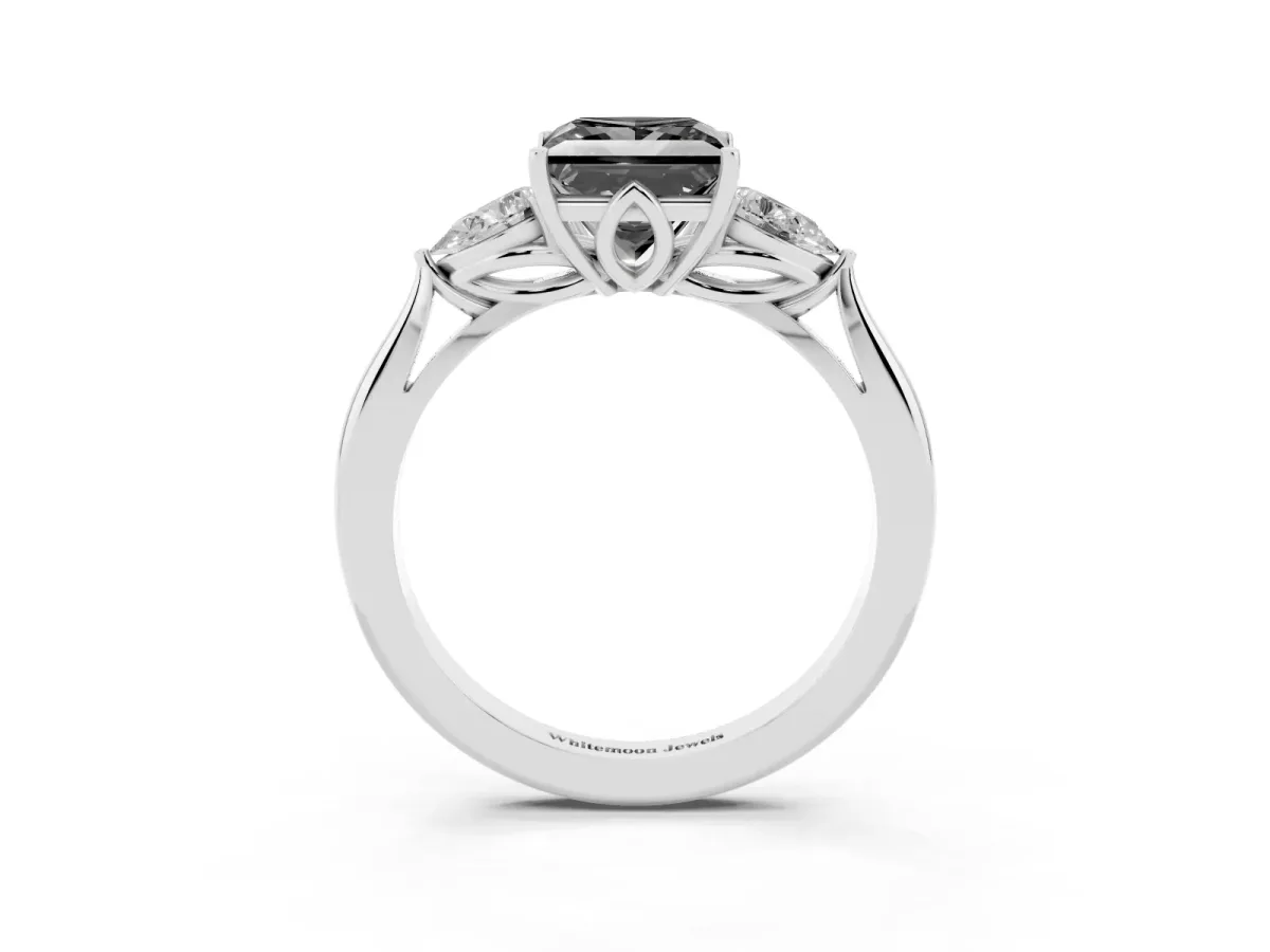 Fancy Black Three-Stone Princess Cut Brilliant Diamond Solitaire Ring with Tapered Band and Four-Prong Setting Silver