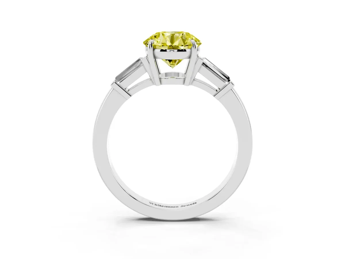 Fancy Yellow Round Cut Diamond Three-Stone Ring with Tapered Baguette Side Stones and Prong Setting Silver