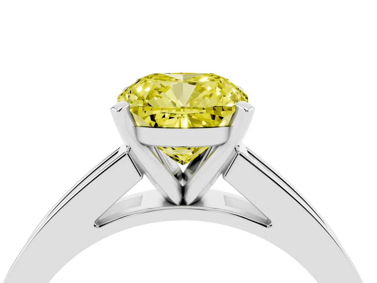Fancy Yellow Cushion Cut Solitaire Diamond Ring with Channel-Set Band and Four-Prong Setting White gold