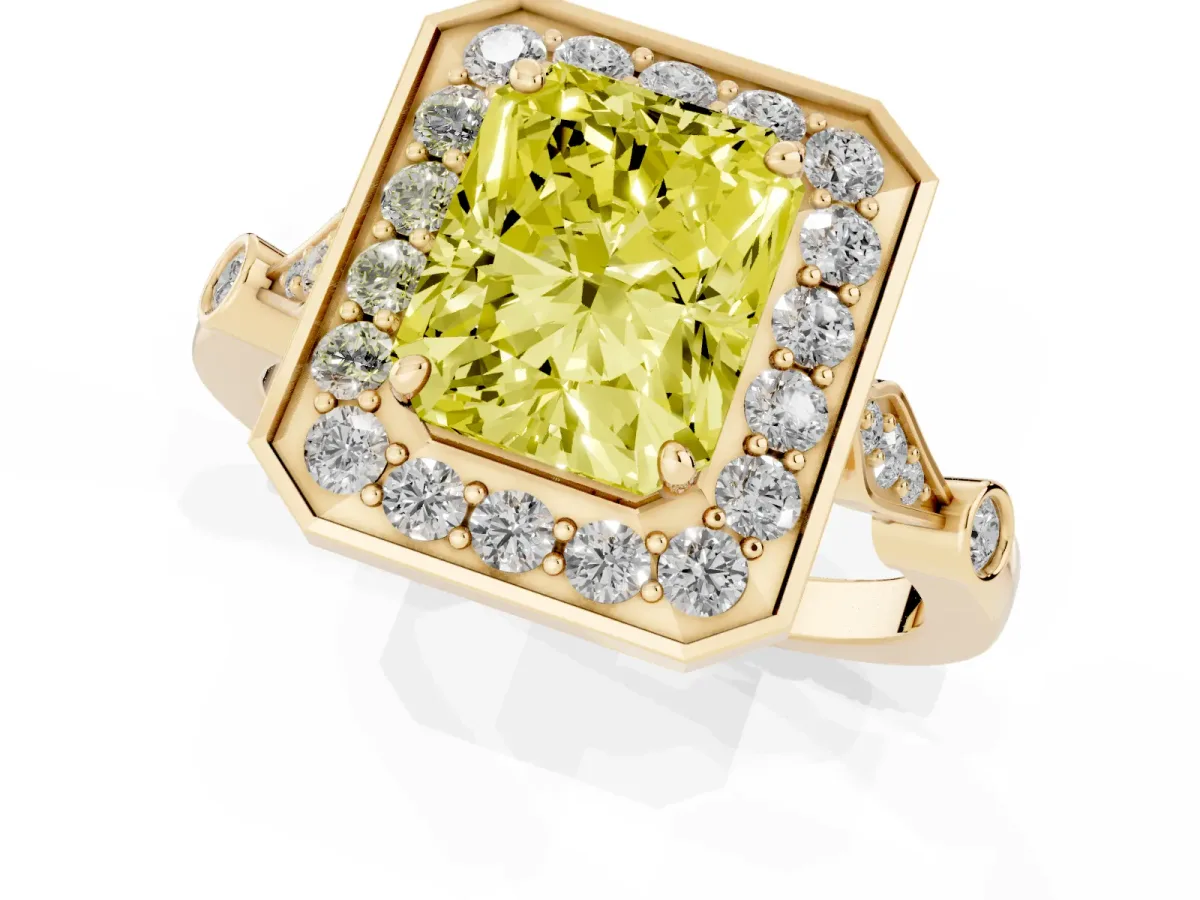Fancy Yellow Radiant Cut Halo Diamond Engagement Ring with Twisted Band and Four-Prong Setting Yellow gold