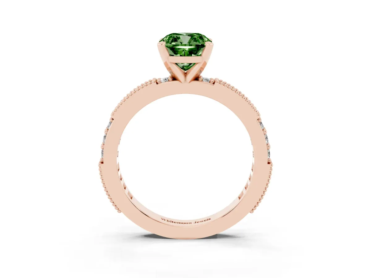 Fancy Green Cushion Cut Solitaire with Pavé Band and Four-Prong Setting Rose gold