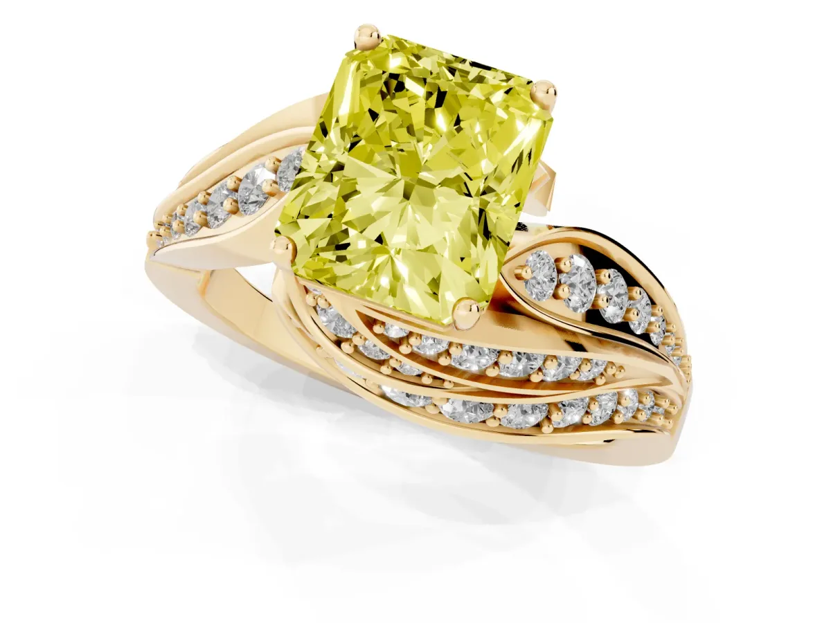 Fancy Yellow Radiant Cut Diamond Solitaire Ring with Prong Setting and Twisted Pavé Band Yellow gold