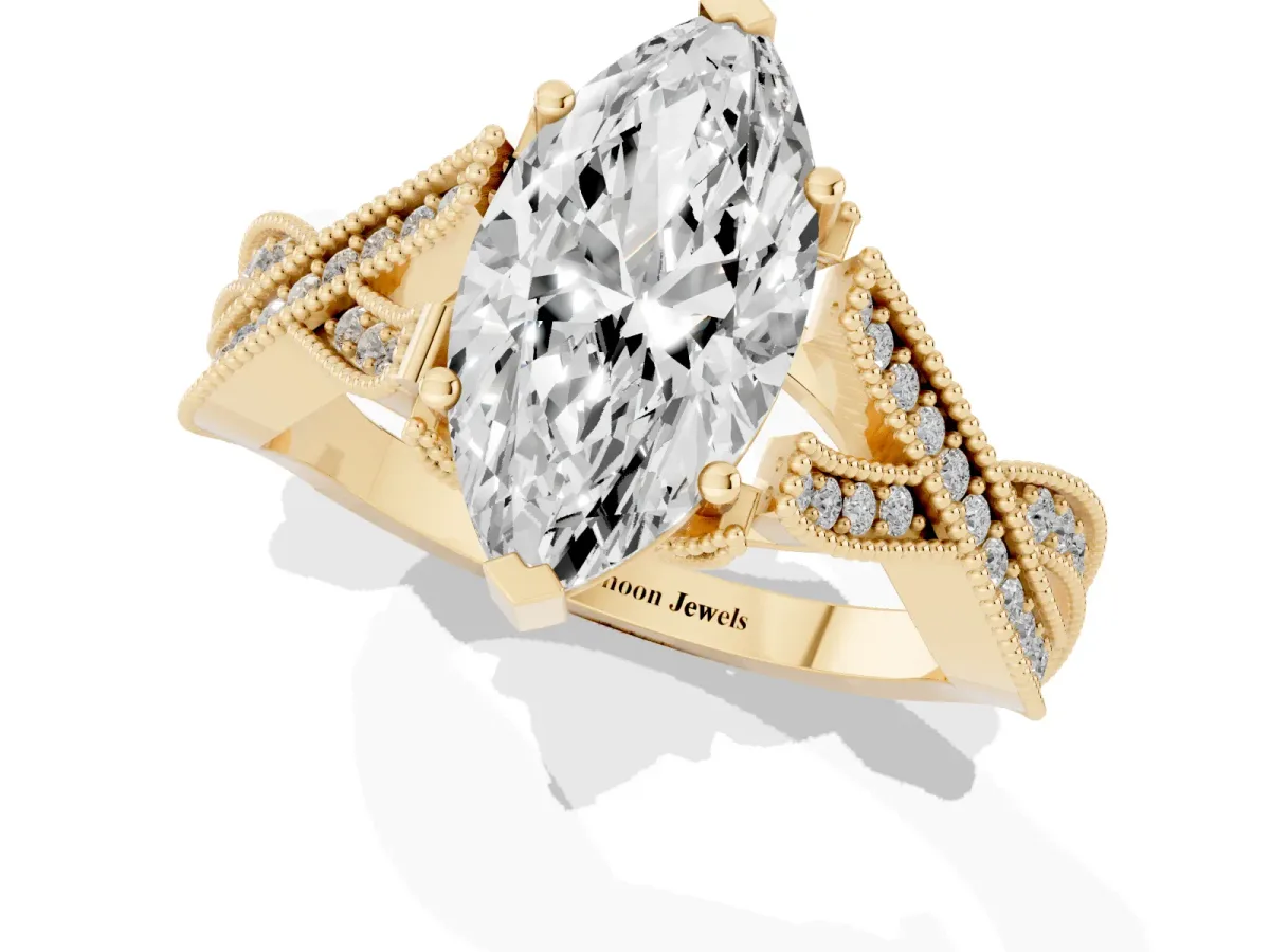 Marquise Cut Cut Diamond Twisted Band with Milgrain Pave Setting and Four-Prong Setting Yellow gold