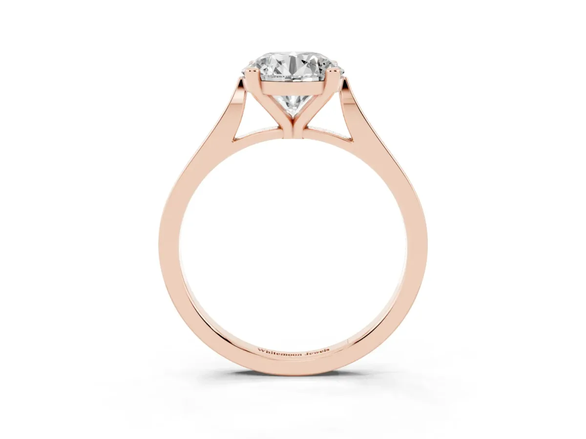 Round Cut Solitaire Diamond Ring with Four-Prong Setting and Tapered Band Rose gold