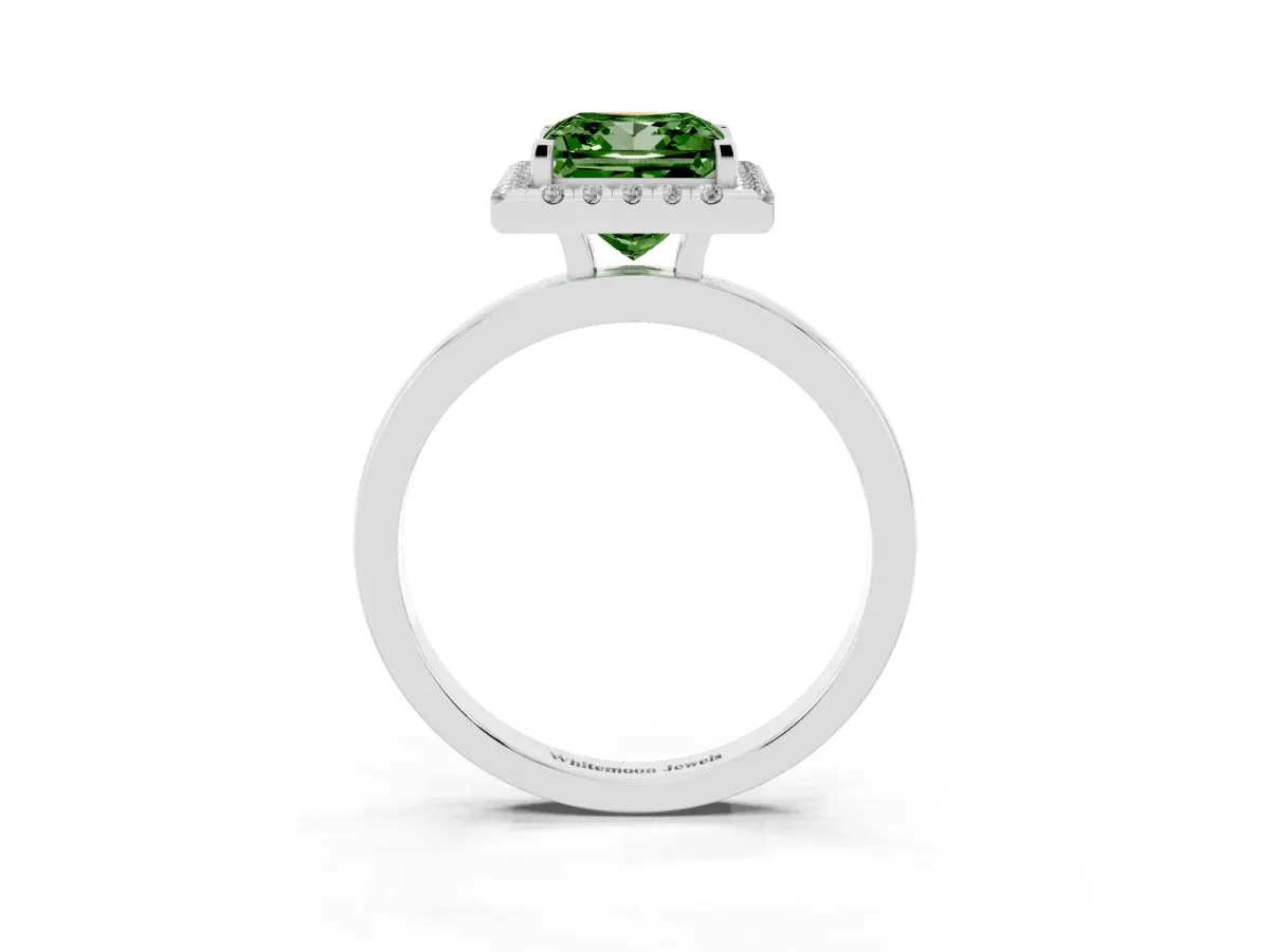 Fancy Green Princess Cut Halo Diamond Solitaire with Pavé Band and Four-Prong Setting Silver