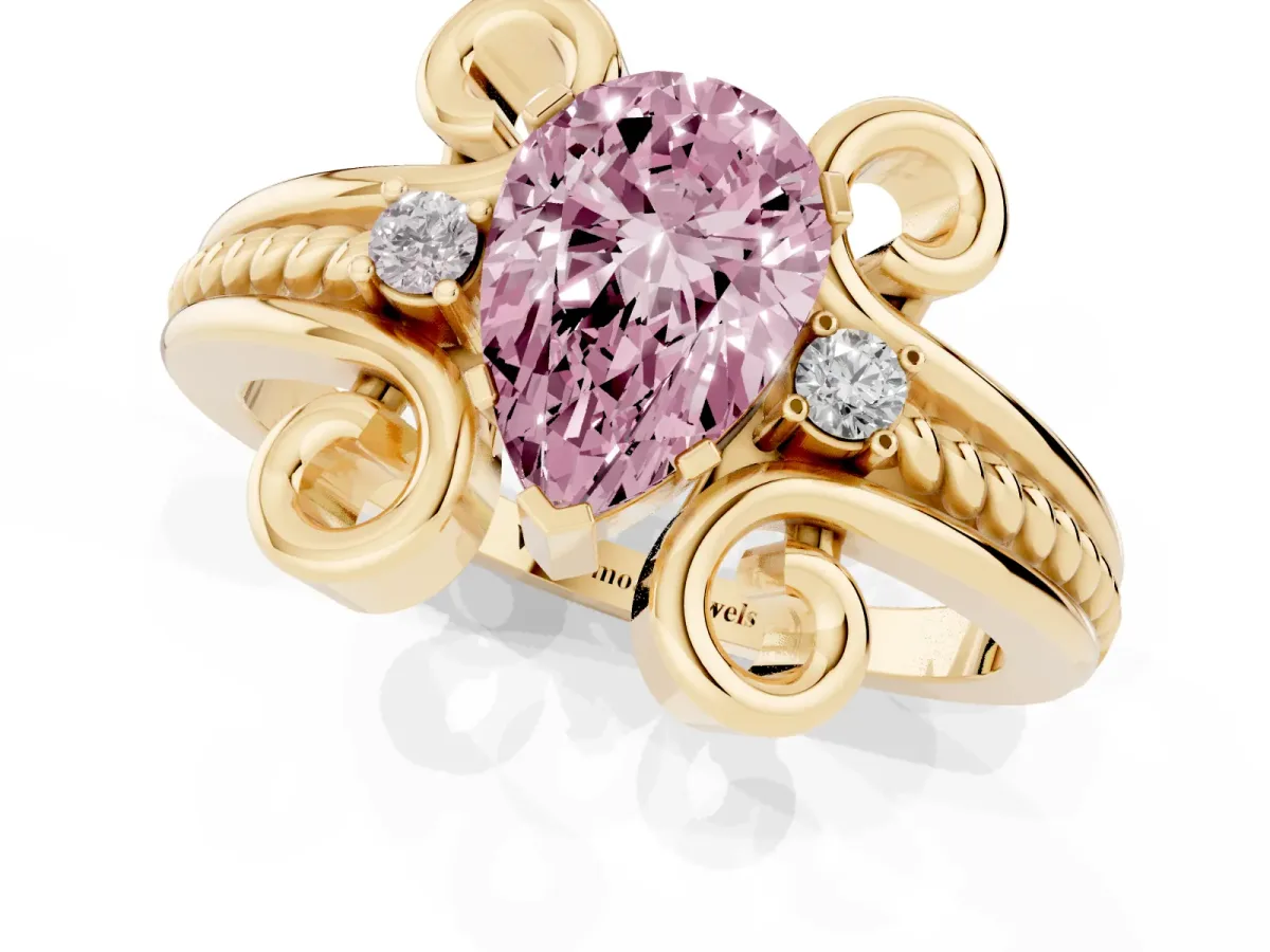 Fancy Pink Pear Cut Solitaire Twisted Band Scroll Prong Ring Yellow gold