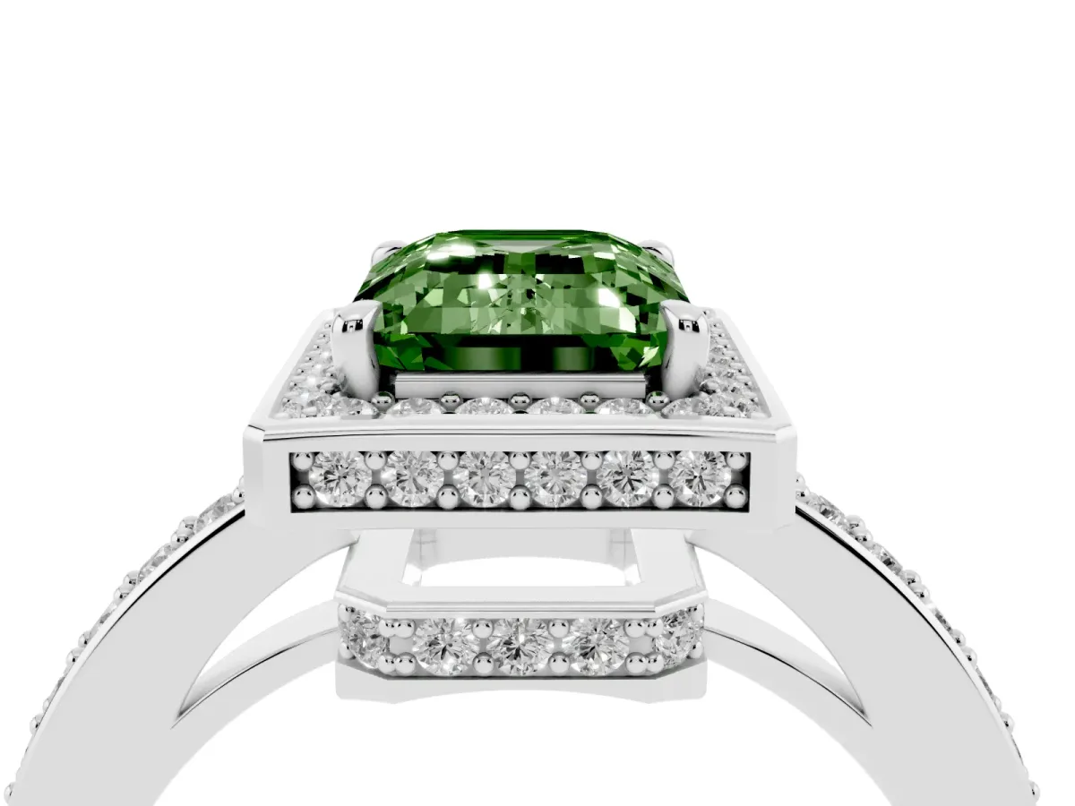 Fancy Green Emerald Cut Halo Pave Band Solitaire Ring with Prong Setting Silver