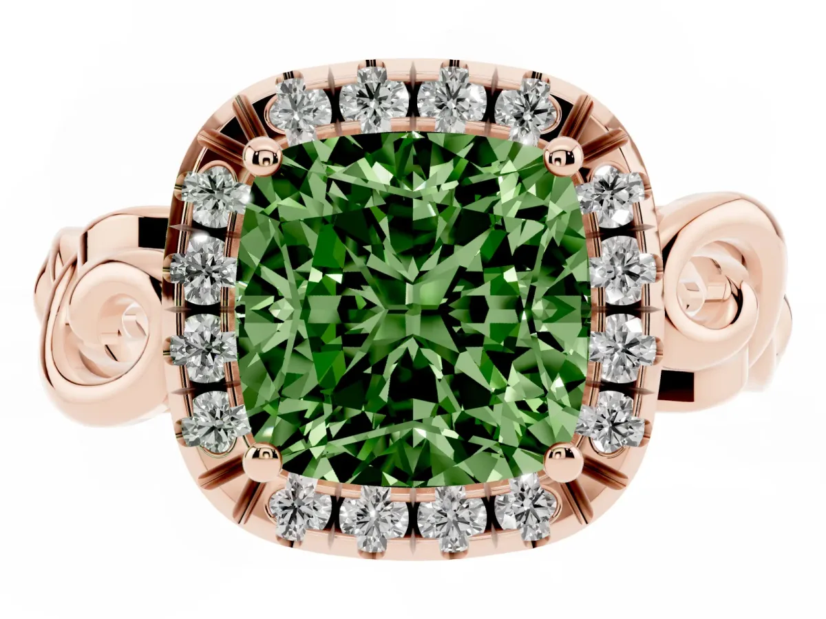 Fancy Green Cushion Cut Cut Halo Diamond Ring with Scrollwork Band and Four-Prong Setting Rose gold