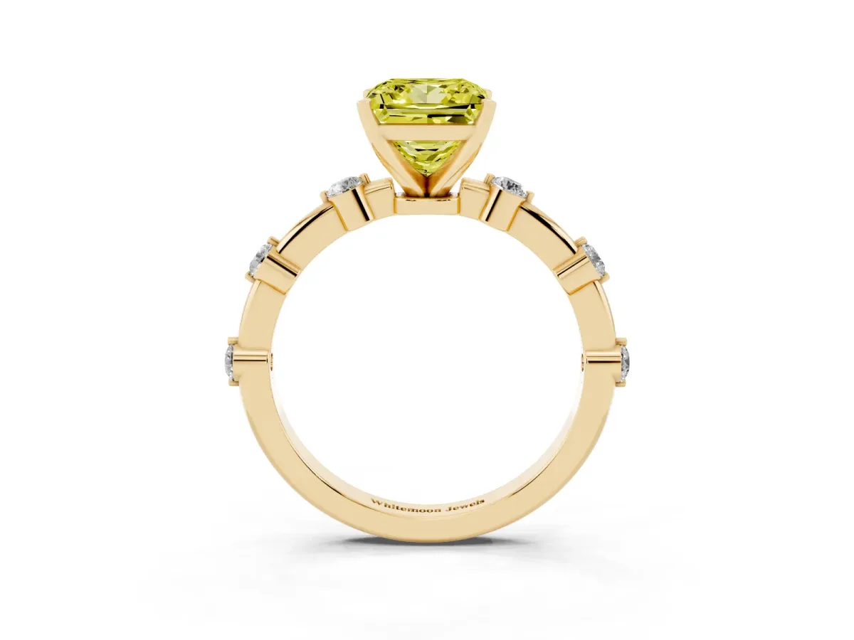 Fancy Yellow Princess Cut Solitaire Diamond Ring with Bezel Set Side Stones and Prong Setting Yellow gold