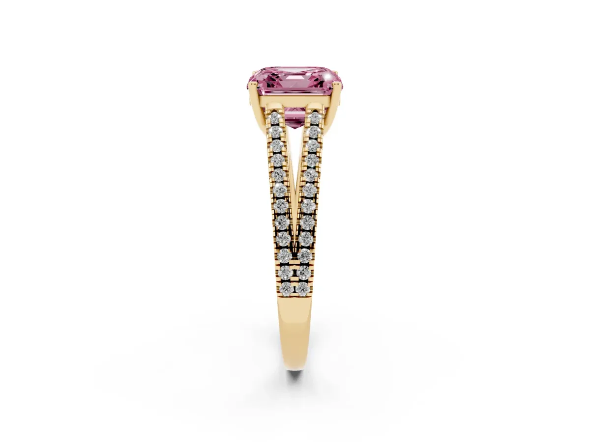Fancy Pink Asscher Cut Diamond Solitaire Engagement Ring with Split Shank Pavé Band Yellow gold