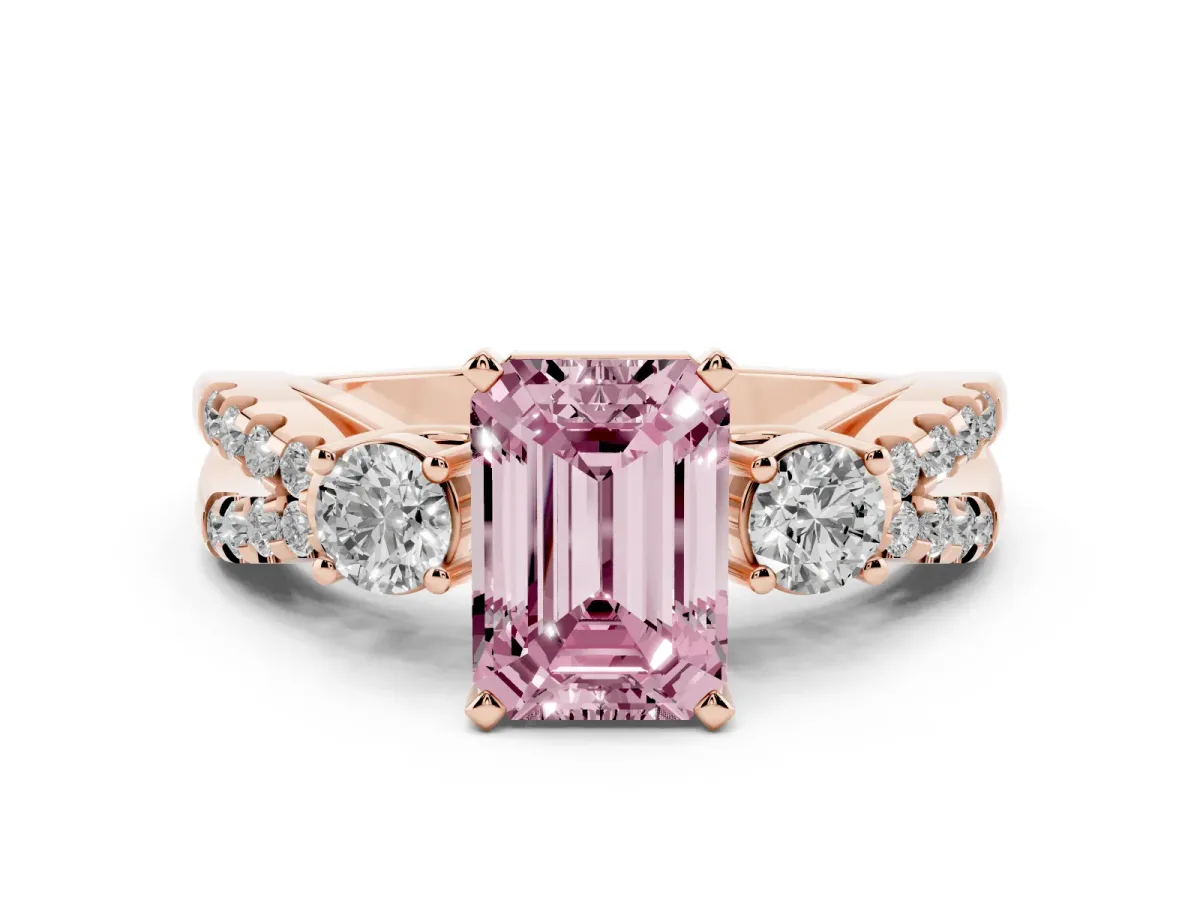 Fancy Pink Emerald Cut Diamond Three-Stone Ring with Pavé Split Shank and Four-Prong Setting Rose gold