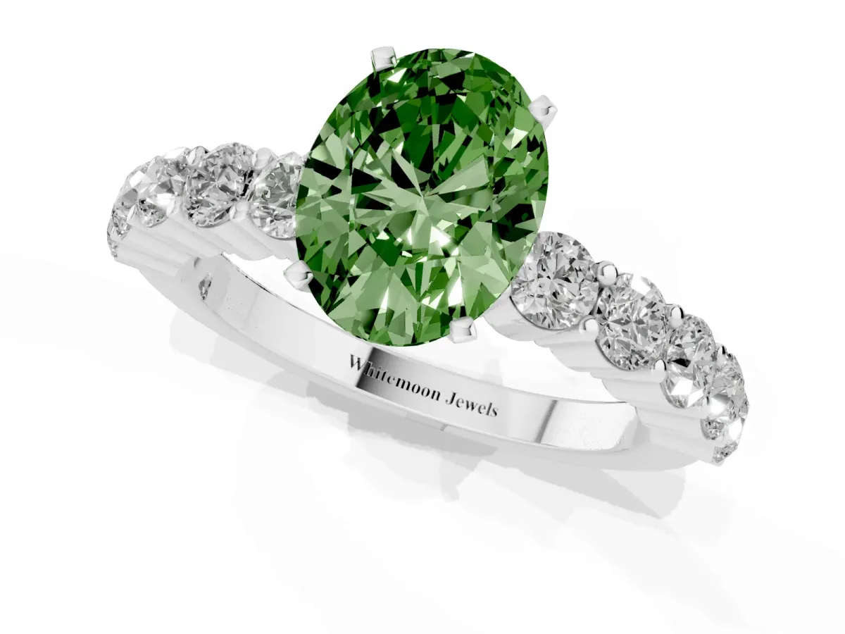 Fancy Green Oval Cut Diamond Solitaire Ring with Shared Prong Round Side Stones Silver
