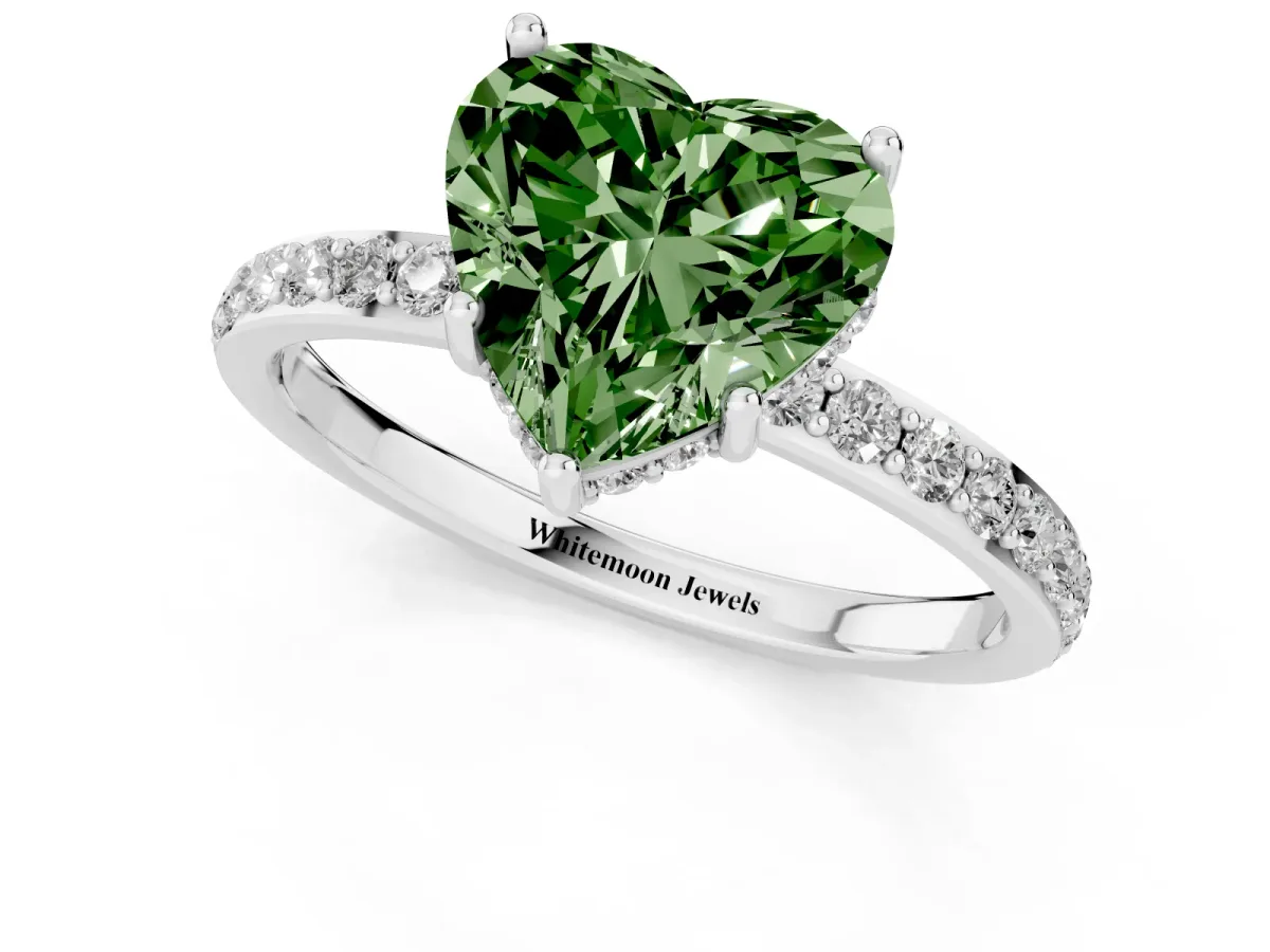 Fancy Green Heart Cut Diamond Solitaire Ring with Pavé Band and Hidden Halo Silver
