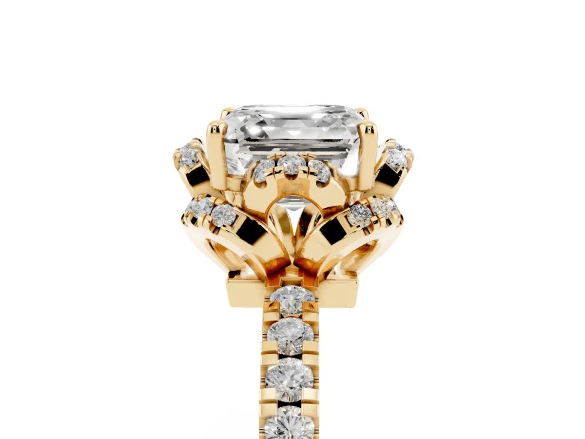 Asscher Cut Halo Diamond Pave Band Ring with Four-Prong Setting Yellow gold