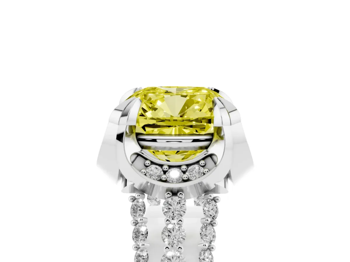 Fancy Yellow Cushion Cut Solitaire Pave Split Shank Ring with Four-Prong Setting Silver