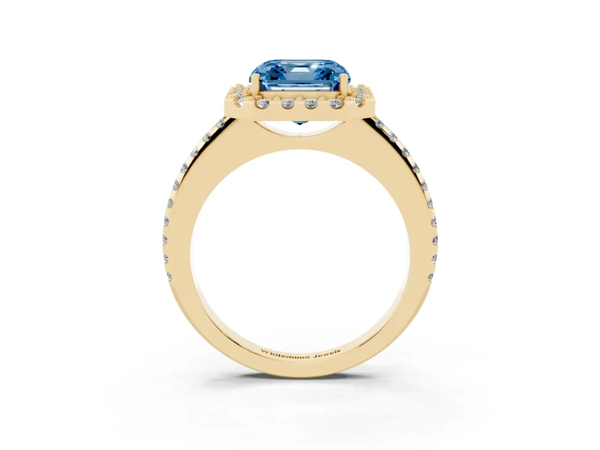 Fancy Blue Asscher Cut Diamond Pavé Halo Ring with Four-Prong Setting Yellow gold