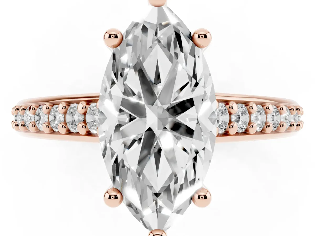 Marquise Cut Solitaire Prong Set Diamond Engagement Ring with Pave Band Rose gold