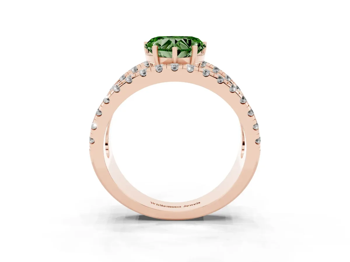 Fancy Green Heart Cut Solitaire Split Shank Pave Diamond Ring Rose gold