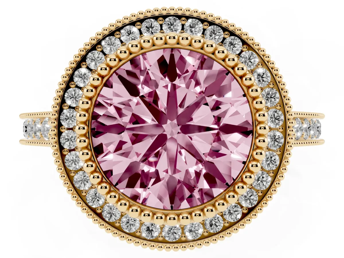 Fancy Pink Round Cut Diamond Halo Ring with Milgrain Frame and Pavé Band Yellow gold