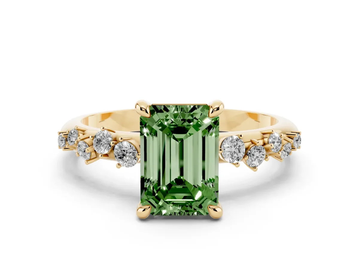 Fancy Green Emerald Cut Cut Diamond Vine Band with Four-Prong Setting Yellow gold