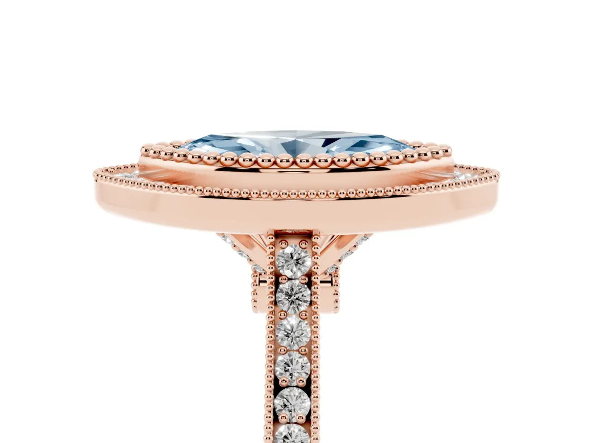 Fancy Blue Marquise Cut Diamond Halo Ring with Milgrain Frame and Pavé Band Rose gold