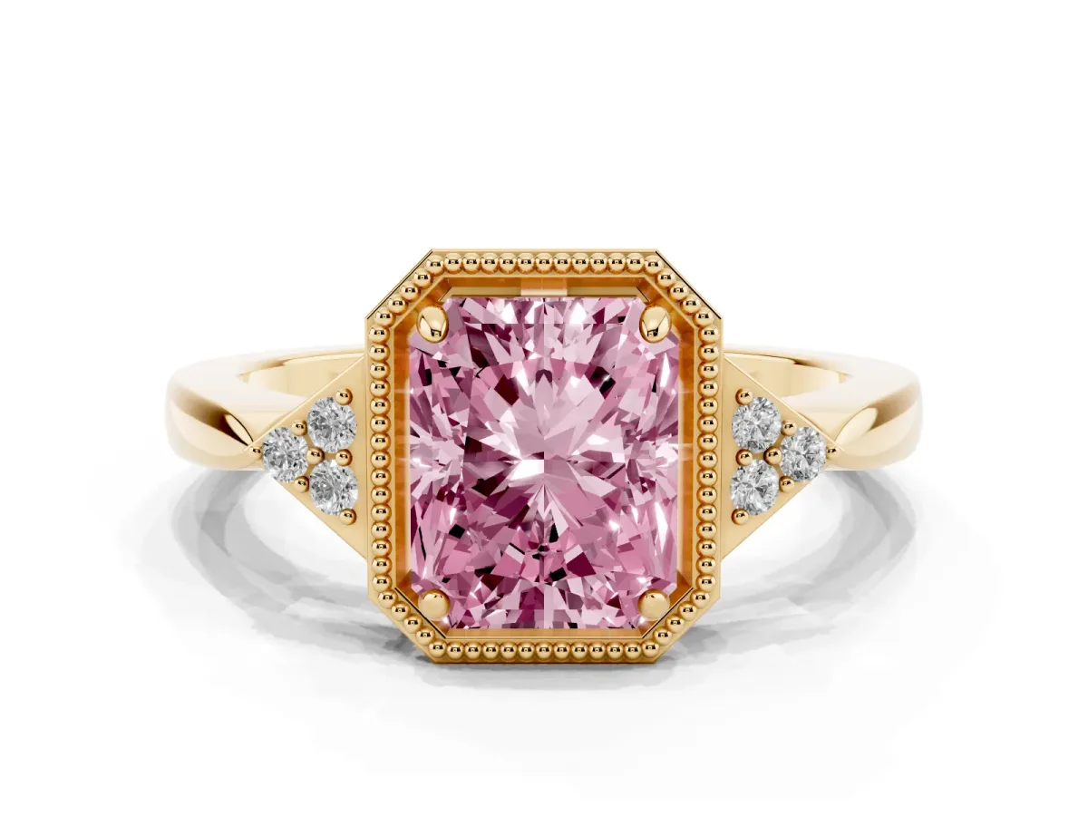 Fancy Pink Hexagonal Halo Radiant Cut Diamond Solitaire with Pavé Band and Four-Prong Setting Yellow gold